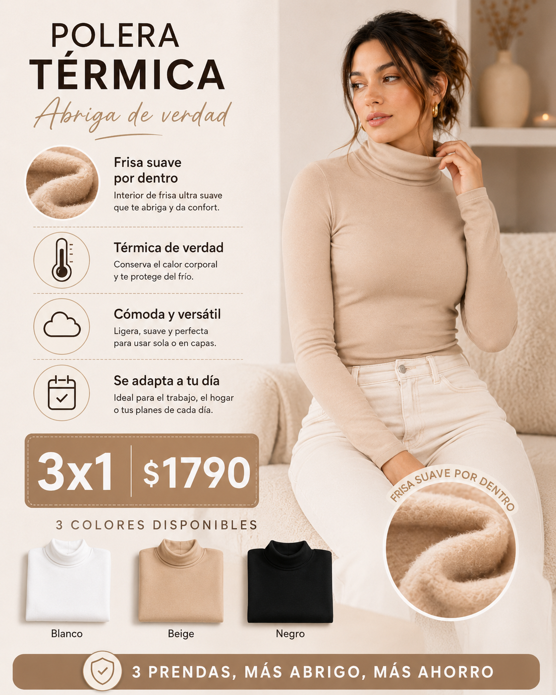 Polera térmica modeladora, vista de espalda y cuello tipo polera