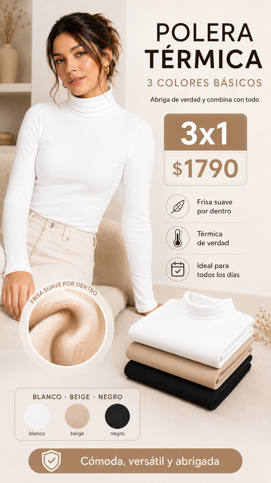 Polera térmica modeladora, detalle de tela e interior frizado