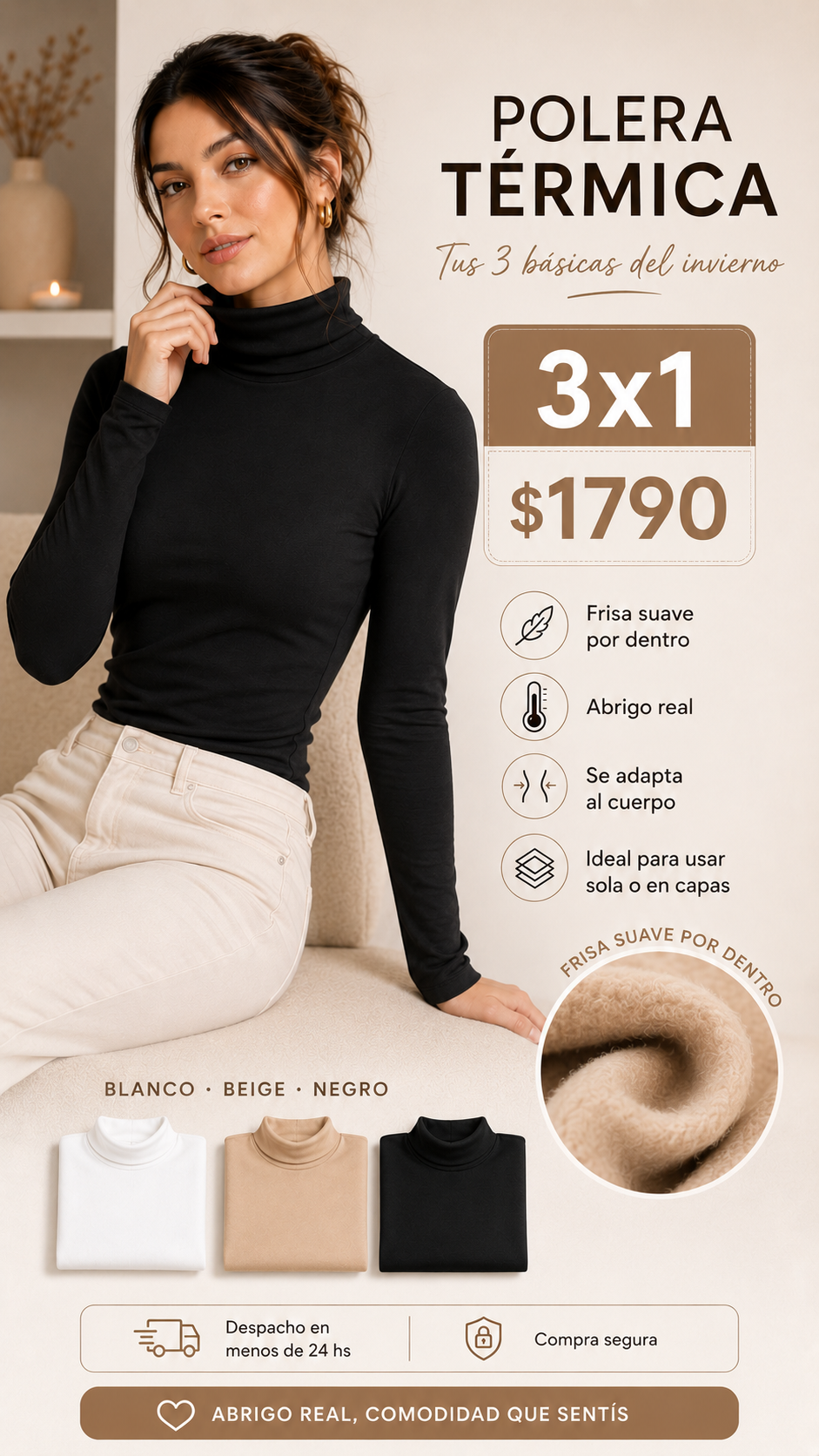 Polera térmica modeladora puesta, promo 3x1 en colores beige blanco y negro